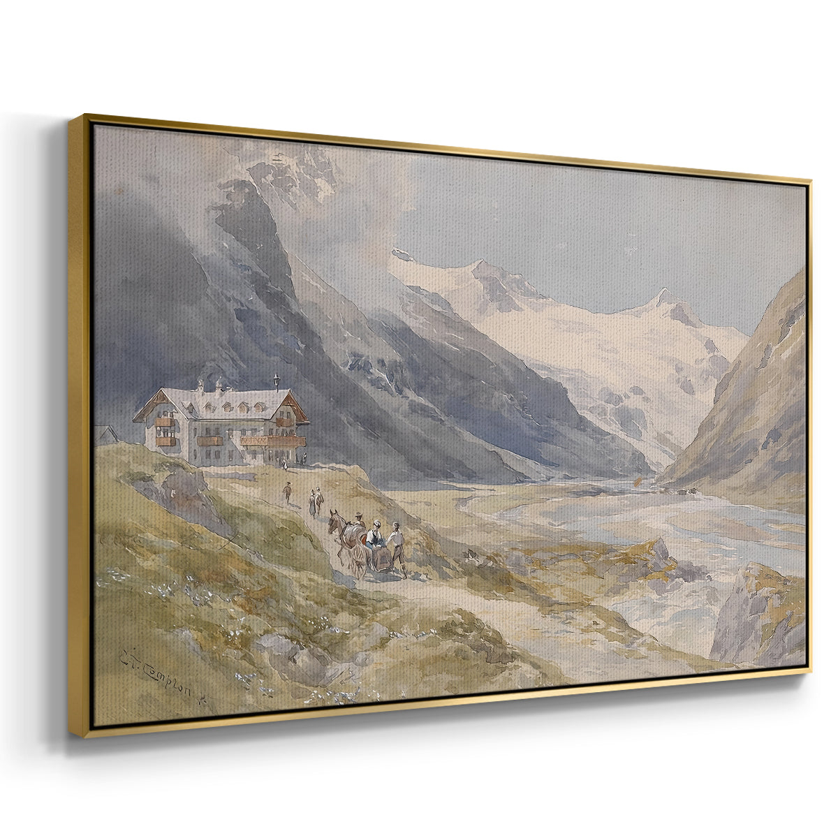 Angled view of Shepherds (Pasterze), c. 1921 by Edward Theodore Compton in a gold floater framed canvas.