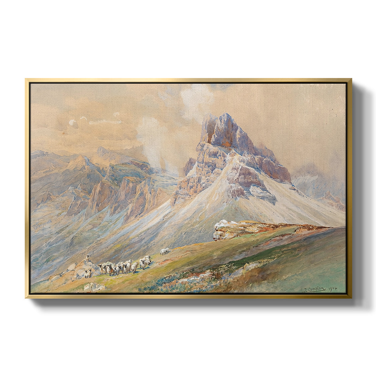 From the Dolomites, 1904 by Edward Theodore Compton in a gold floater framed canvas wall art display.