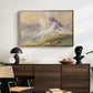 From the Dolomites, 1904 by Edward Theodore Compton displayed in a gold floater framed canvas above a dark wood credenza in an entryway.