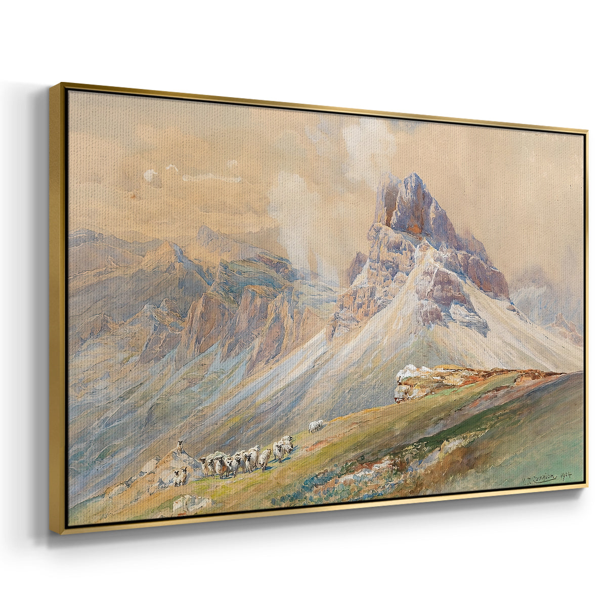 Angled view of From the Dolomites, 1904 by Edward Theodore Compton in a gold floater framed canvas.