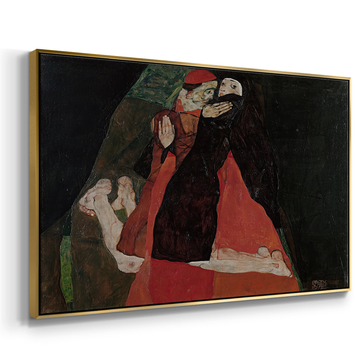 Angled view of Cardinal and Nun (Caress), 1912 by Egon Schiele in a gold floater framed canvas.