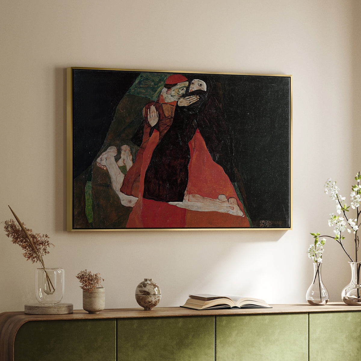 Gold floater framed canvas of Cardinal and Nun (Caress), 1912 by Egon Schiele, featuring a cardinal and nun depicted in close emotional interaction above a sideboard in a softly lit hallway.