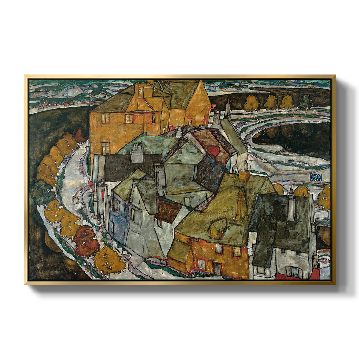 Crescent of Houses II (Island Town), 1915 by Egon Schiele in a gold floater framed canvas wall art display.