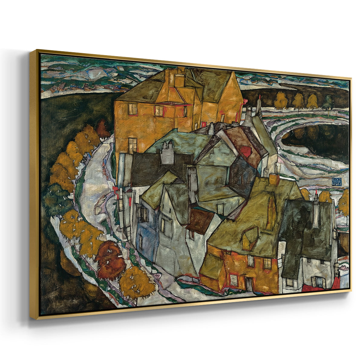 Angled view of Crescent of Houses II (Island Town), 1915 by Egon Schiele in a gold floater framed canvas.