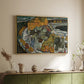 Gold floater framed canvas of Crescent of Houses II (Island Town), 1915 by Egon Schiele, featuring a stylized townscape with clustered buildings and bold outlines above a sideboard in a softly lit hallway.
