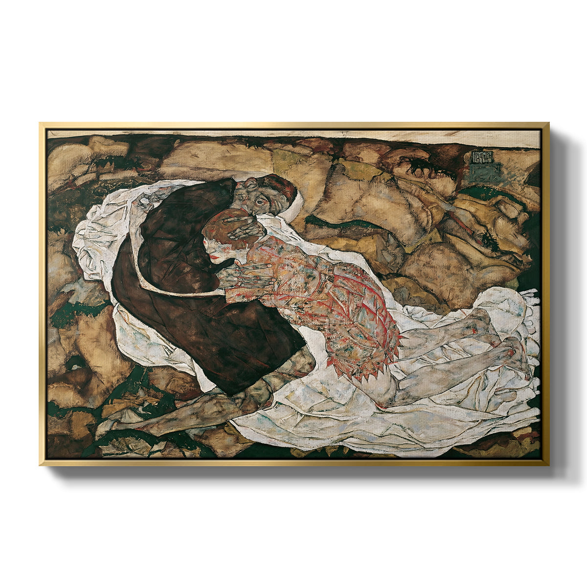 Death and the Maiden, 1915 by Egon Schiele in a gold floater framed canvas wall art display.