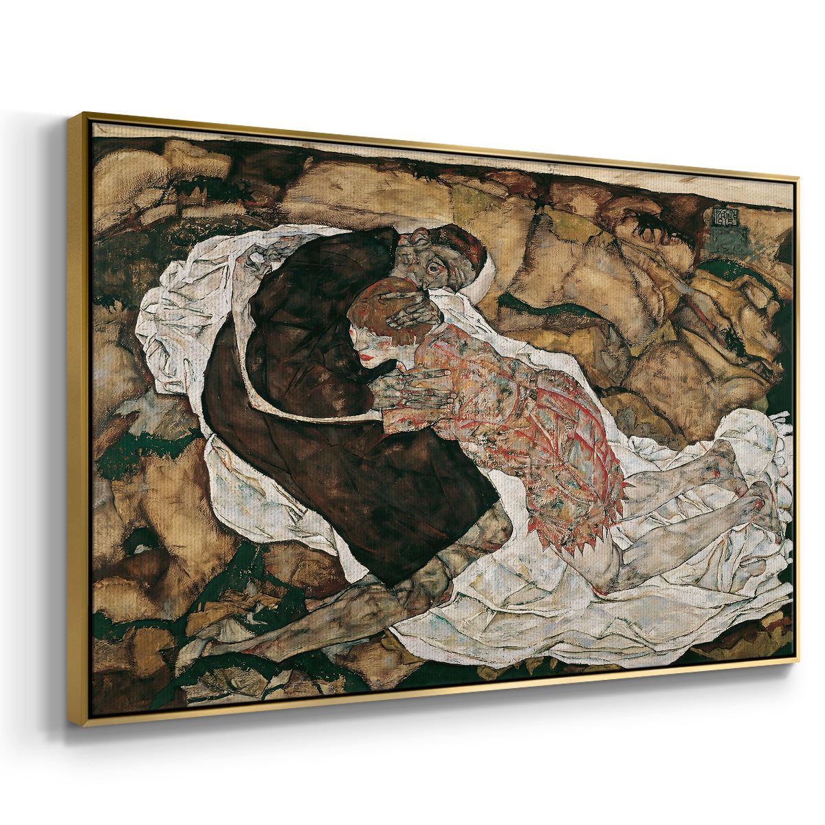 Angled view of Death and the Maiden, 1915 by Egon Schiele in a gold floater framed canvas.