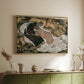 Gold floater framed canvas of Death and the Maiden, 1915 by Egon Schiele, featuring a symbolic scene of mortality with two figures clinging together above a sideboard in a softly lit hallway.