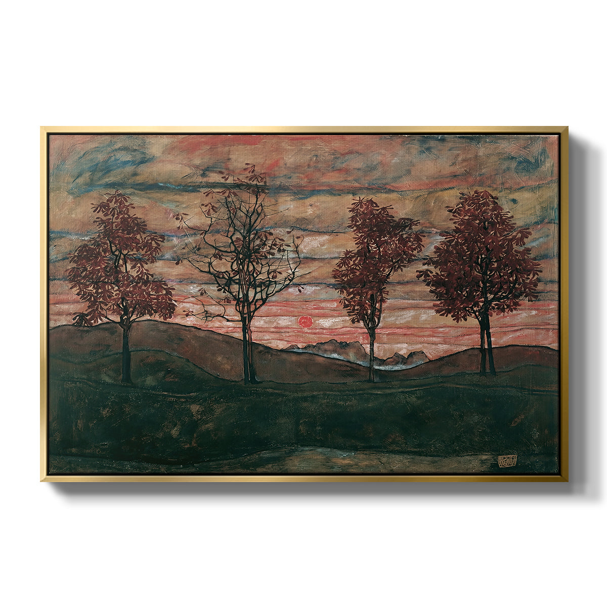 Four Trees, 1917 by Egon Schiele in a gold floater framed canvas wall art display.