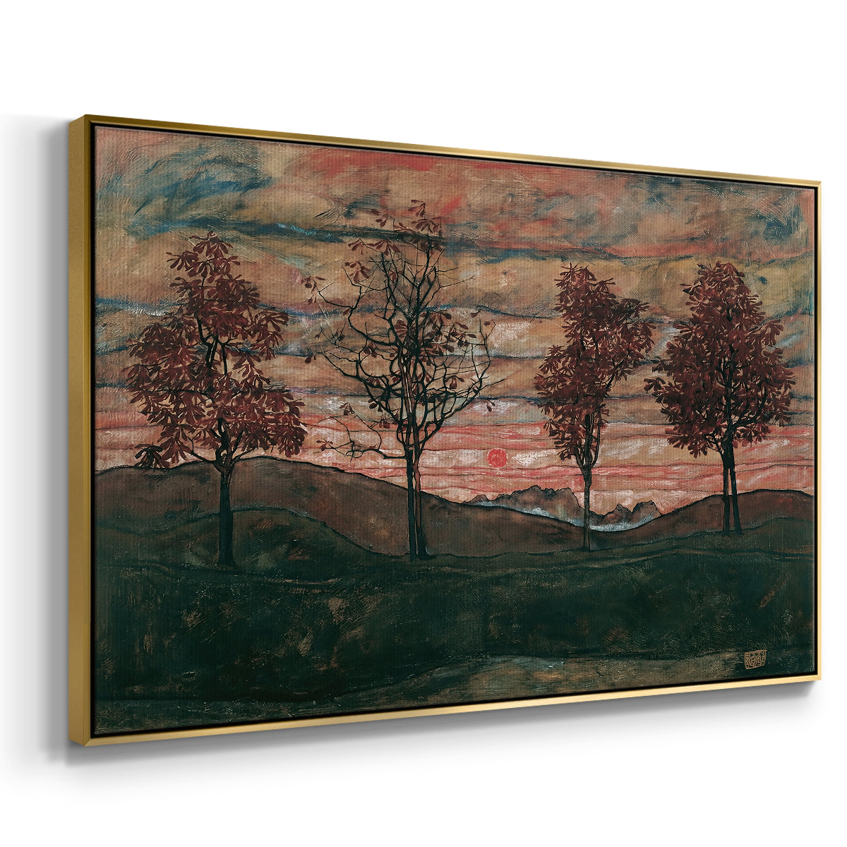 Angled view of Four Trees, 1917 by Egon Schiele in a gold floater framed canvas.