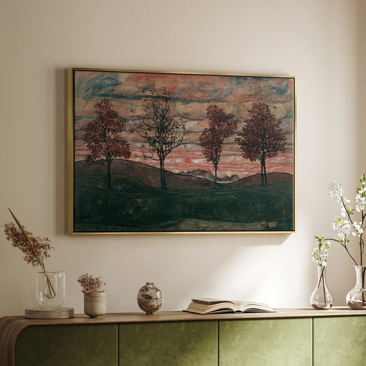 Gold floater framed canvas of Four Trees, 1917 by Egon Schiele, featuring a minimal landscape with grouped trees and expressive color above a sideboard in a softly lit hallway.