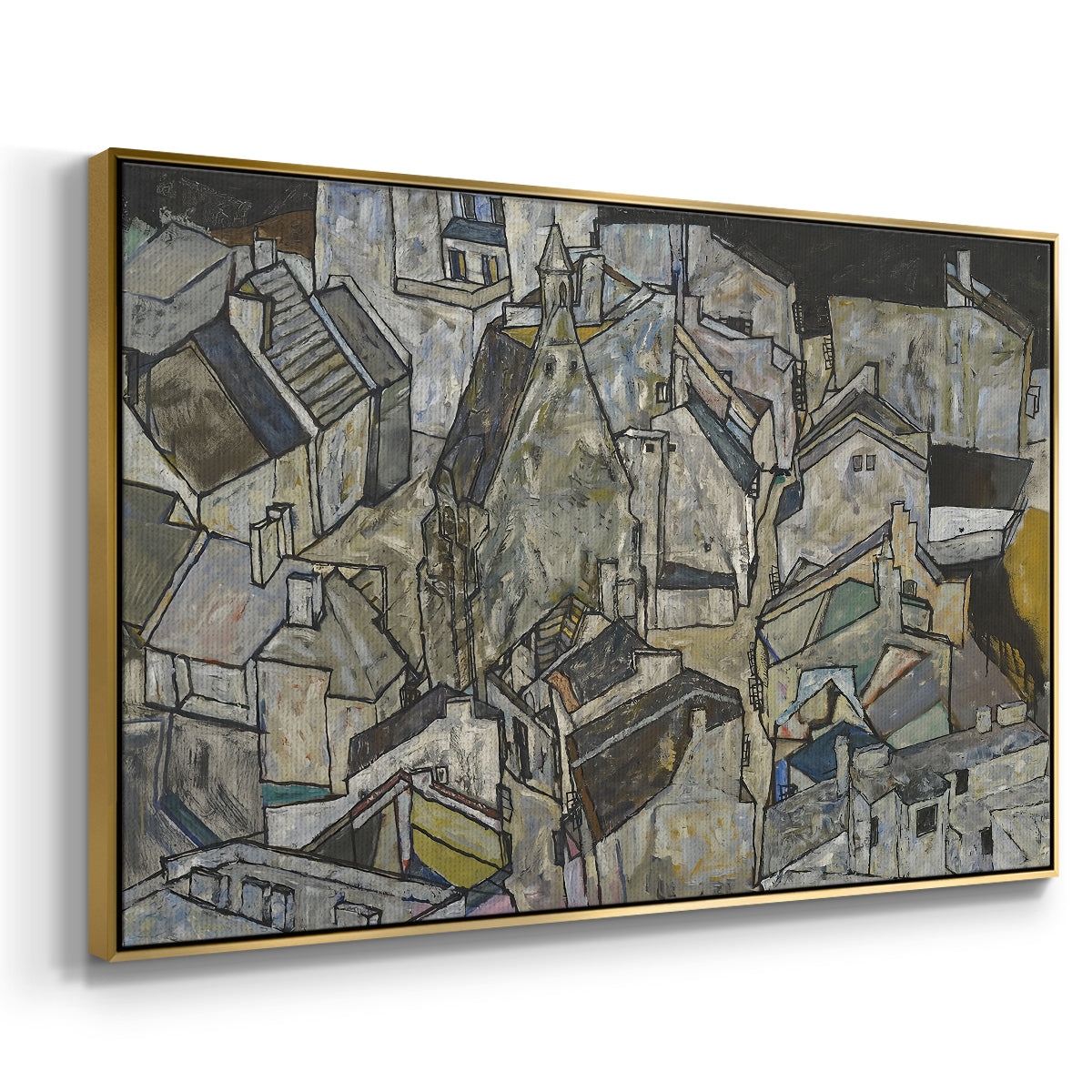 Angled view of Mödling II, 1918 by Egon Schiele in a gold floater framed canvas.