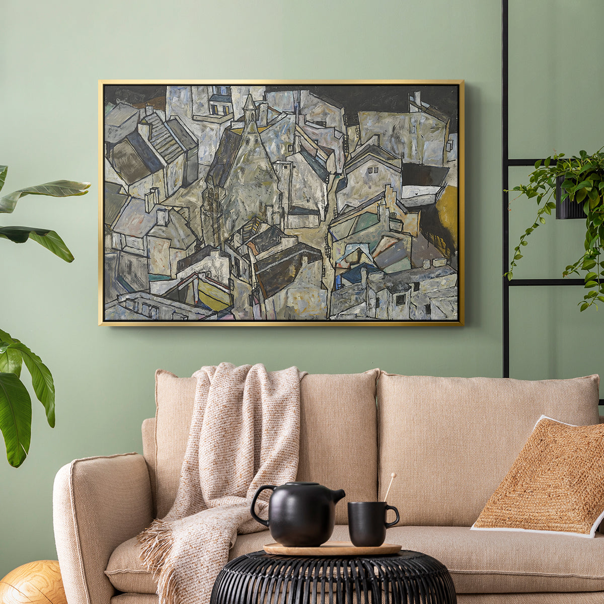 Gold floater framed canvas featuring a stylized urban composition with geometric structures and muted tones, displayed above a sofa in a modern living room.