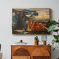 Earthbound, 1897 by Evelyn De Morgan in a gold floater framed canvas featuring a reclining female figure surrounded by symbolic elements in dreamlike setting, displayed above a wood console cabinet.