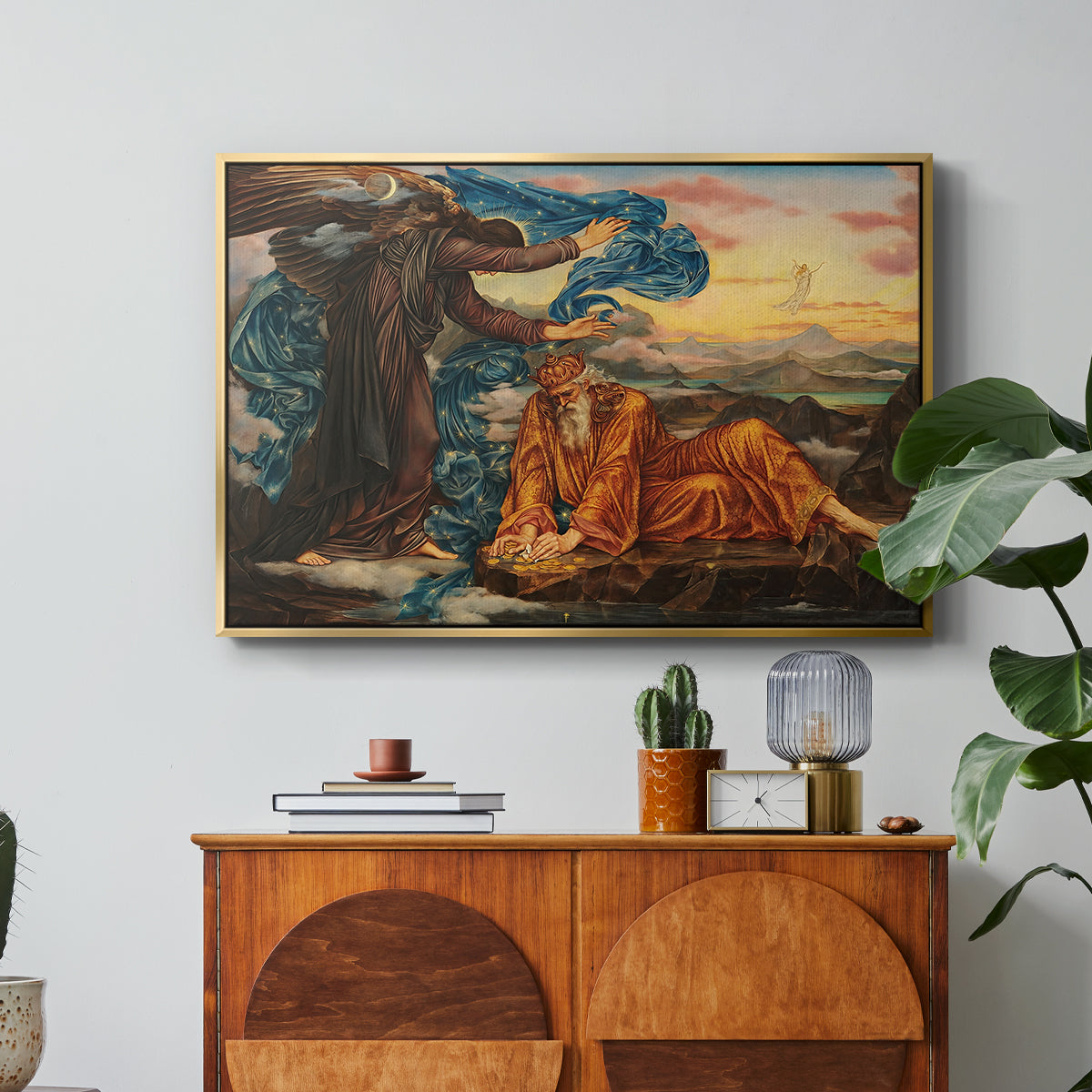 Earthbound, 1897 by Evelyn De Morgan in a gold floater framed canvas featuring a reclining female figure surrounded by symbolic elements in dreamlike setting, displayed above a wood console cabinet.