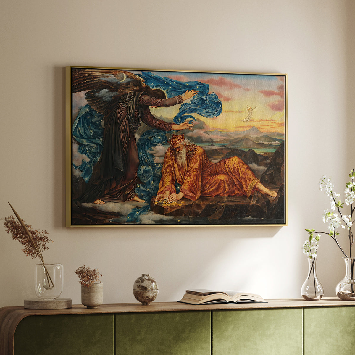 Gold floater framed canvas of Earthbound, 1897 by Evelyn De Morgan, featuring an allegorical scene with woman resting amid flowing drapery and landscape above a sideboard in a softly lit hallway.