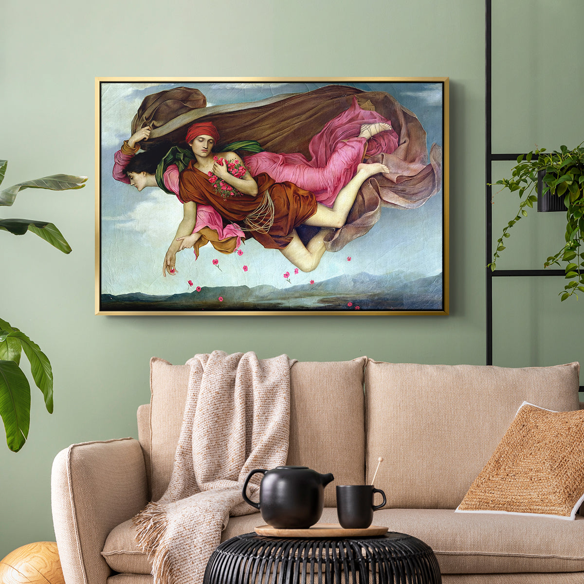 Gold floater framed canvas featuring an allegorical painting of intertwined figures in celestial setting, displayed above a sofa in a modern living room.