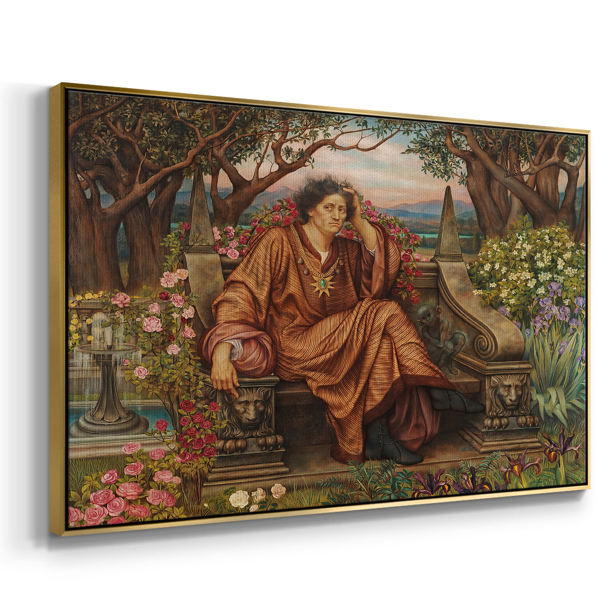 Angled view of A Soul in Hell, c. 1901-1902 by Evelyn De Morgan in a gold floater framed canvas.