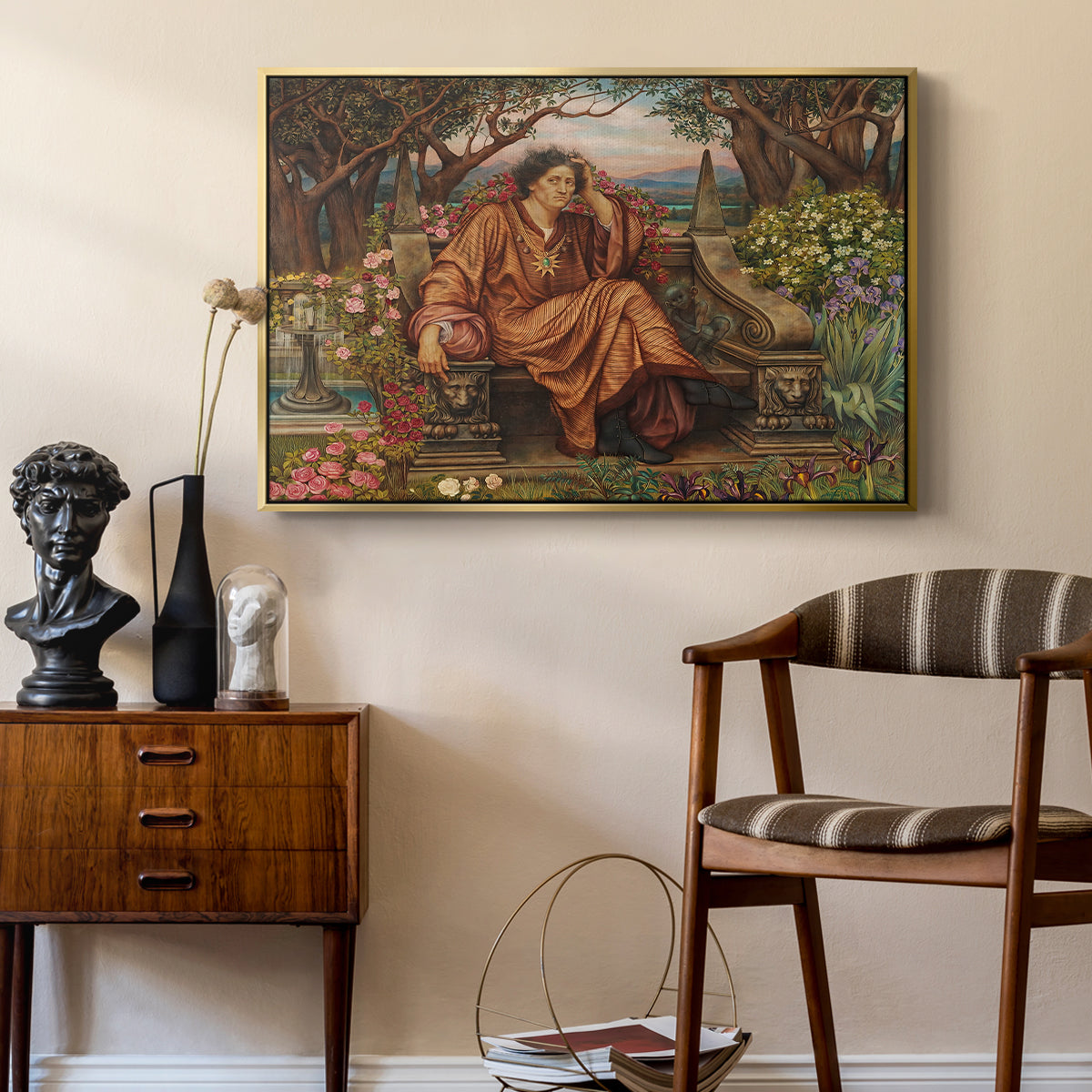 A Soul in Hell, c. 1901-1902 by Evelyn De Morgan as a gold floater framed canvas featuring a symbolic depiction of soul in anguish amid chaotic forms, styled above a mid-century console in a contemporary living area.