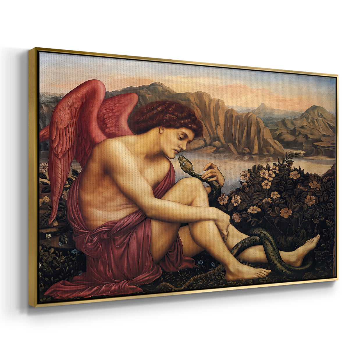 Angled view of The Angel with the Serpent, c. 1870-1875 by Evelyn De Morgan in a gold floater framed canvas.