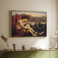Gold floater framed canvas of The Angel with the Serpent, c. 1870-1875 by Evelyn De Morgan, featuring a winged figure standing over serpent in allegorical composition above a sideboard in a softly lit hallway.
