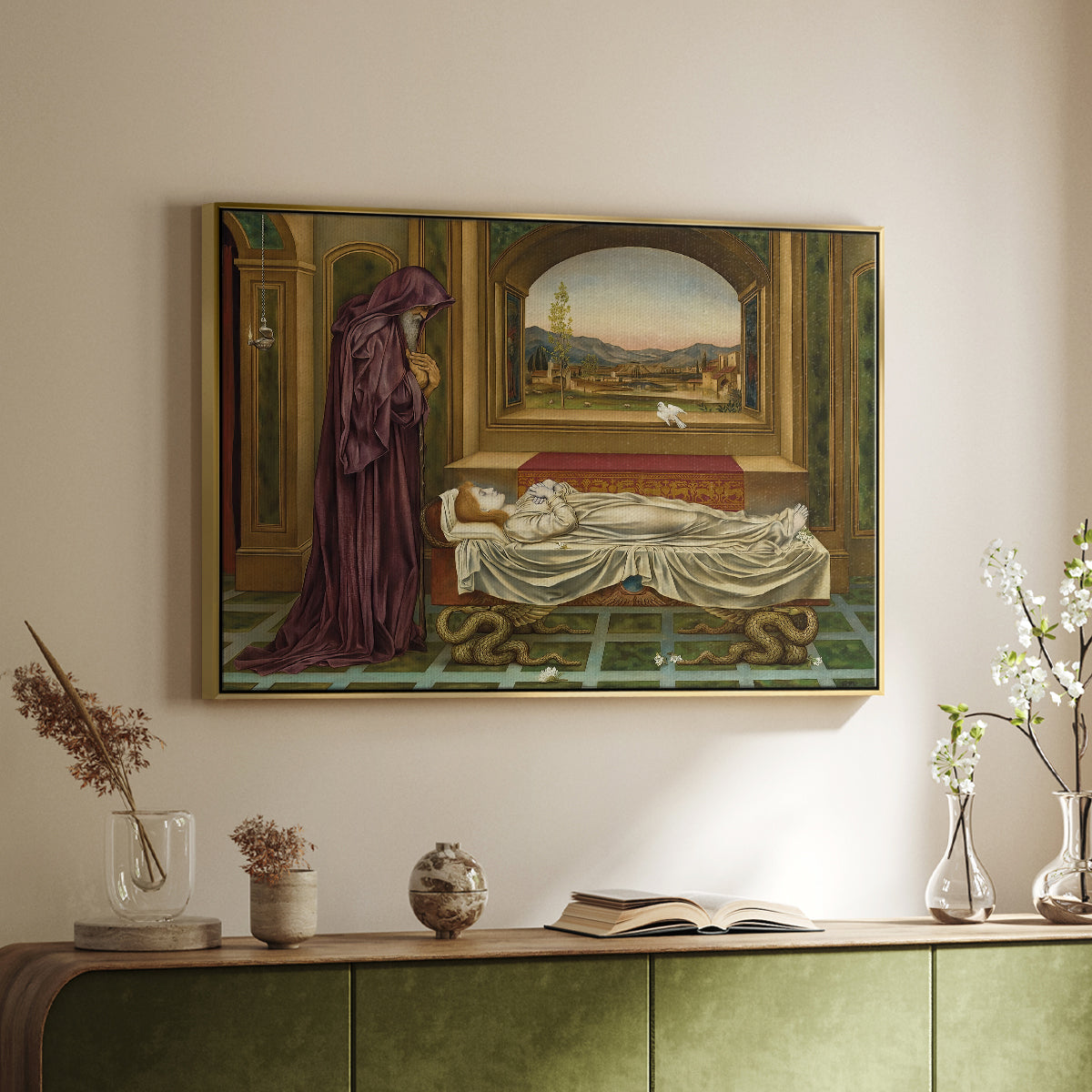 Gold floater framed canvas of The Wandering Jew: Whom the Gods Love Die Young, 1888 by Evelyn De Morgan, featuring a symbolic portrait of wandering figure in quiet architectural setting above a sideboard in a softly lit hallway.
