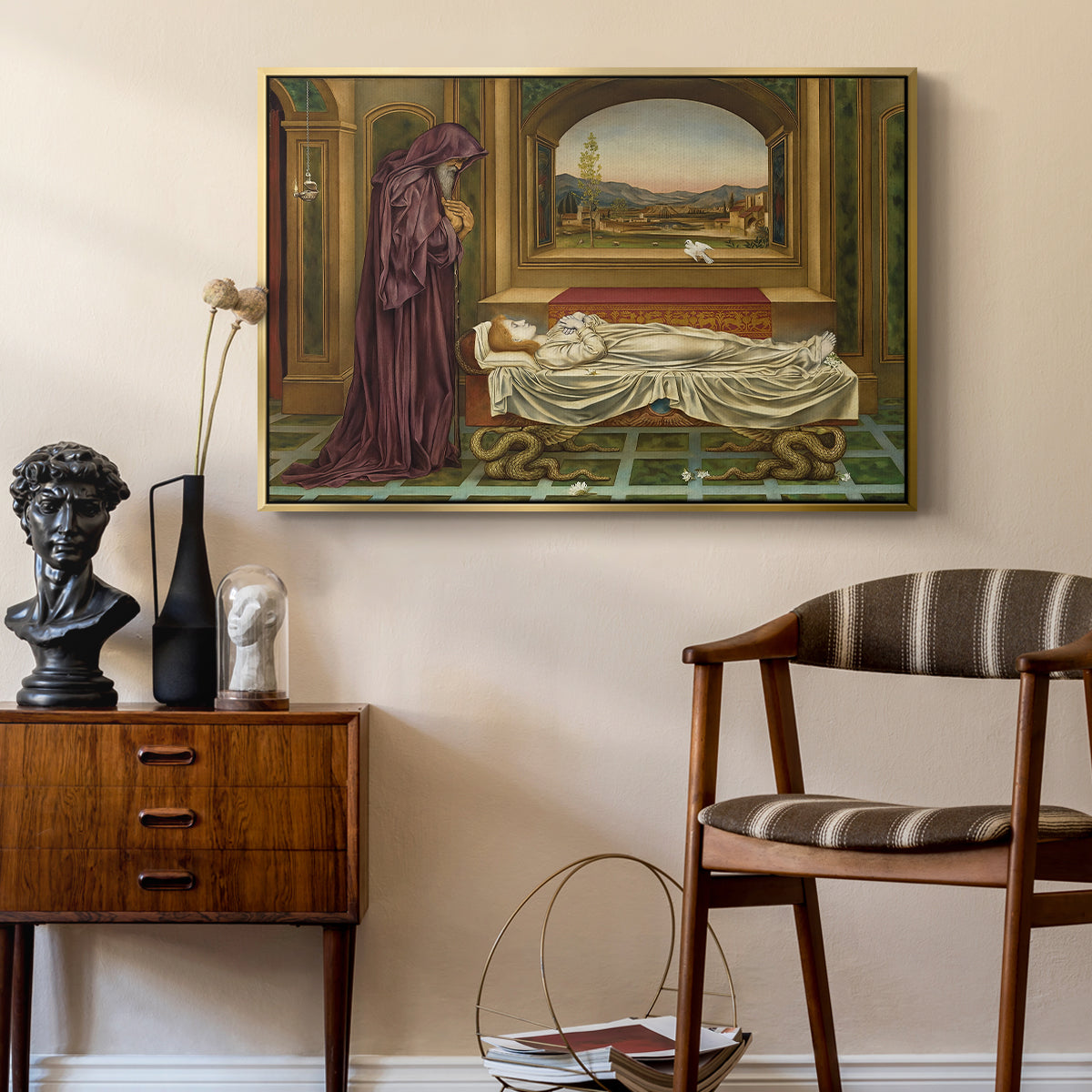 The Wandering Jew: Whom the Gods Love Die Young, 1888 by Evelyn De Morgan as a gold floater framed canvas featuring an introspective scene with lone figure framed by interior elements, styled above a mid-century console in a contemporary living area.