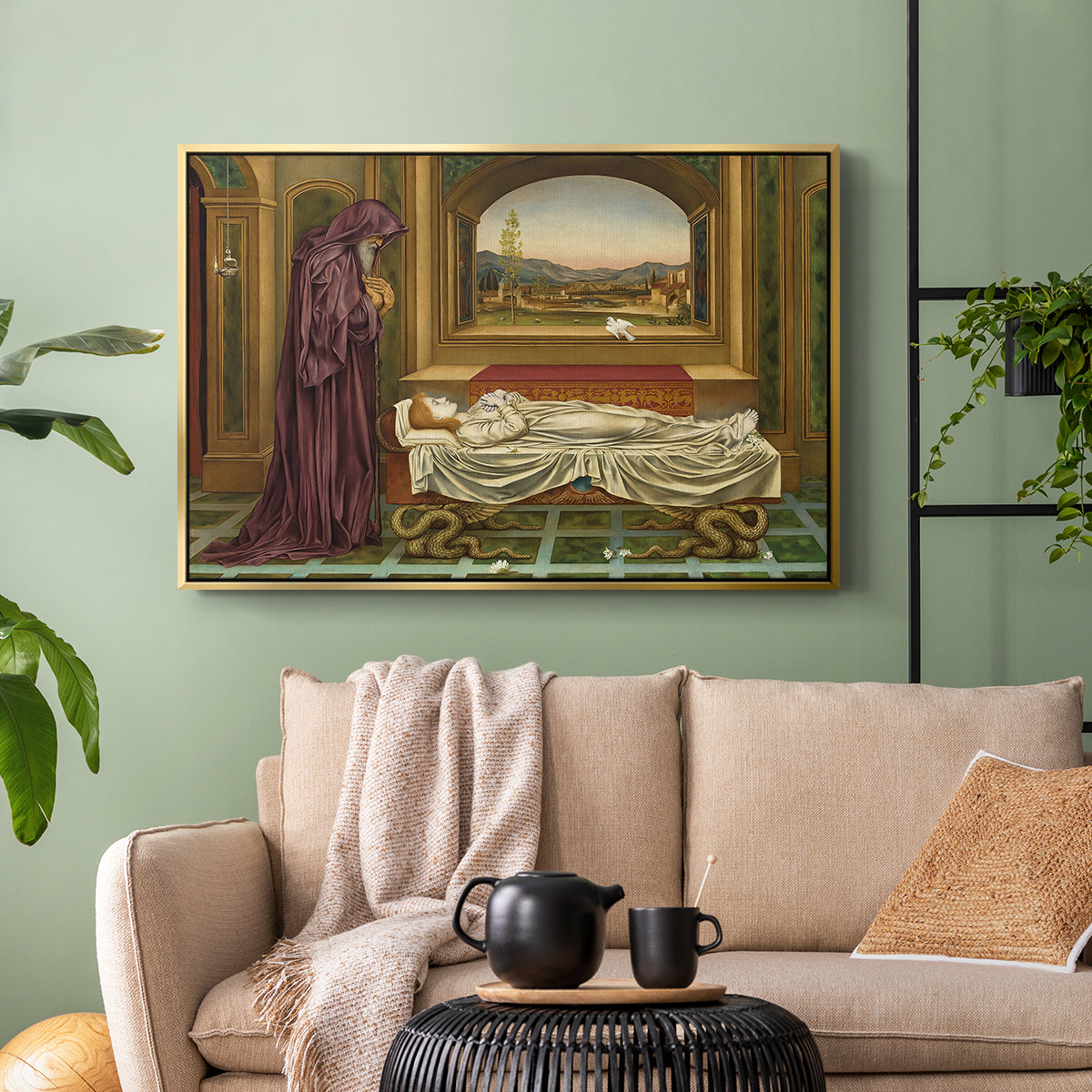 Gold floater framed canvas featuring a narrative composition with figure paused in reflective moment, displayed above a sofa in a modern living room.