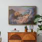 Twilight, 1914 by Evelyn De Morgan in a gold floater framed canvas featuring a reclining female figure beneath glowing sky at twilight with soft colors, displayed above a wood console cabinet.