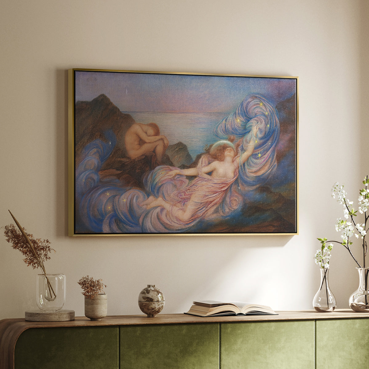 Gold floater framed canvas of Twilight, 1914 by Evelyn De Morgan, featuring an allegorical figure resting in atmospheric dusk setting above a sideboard in a softly lit hallway.