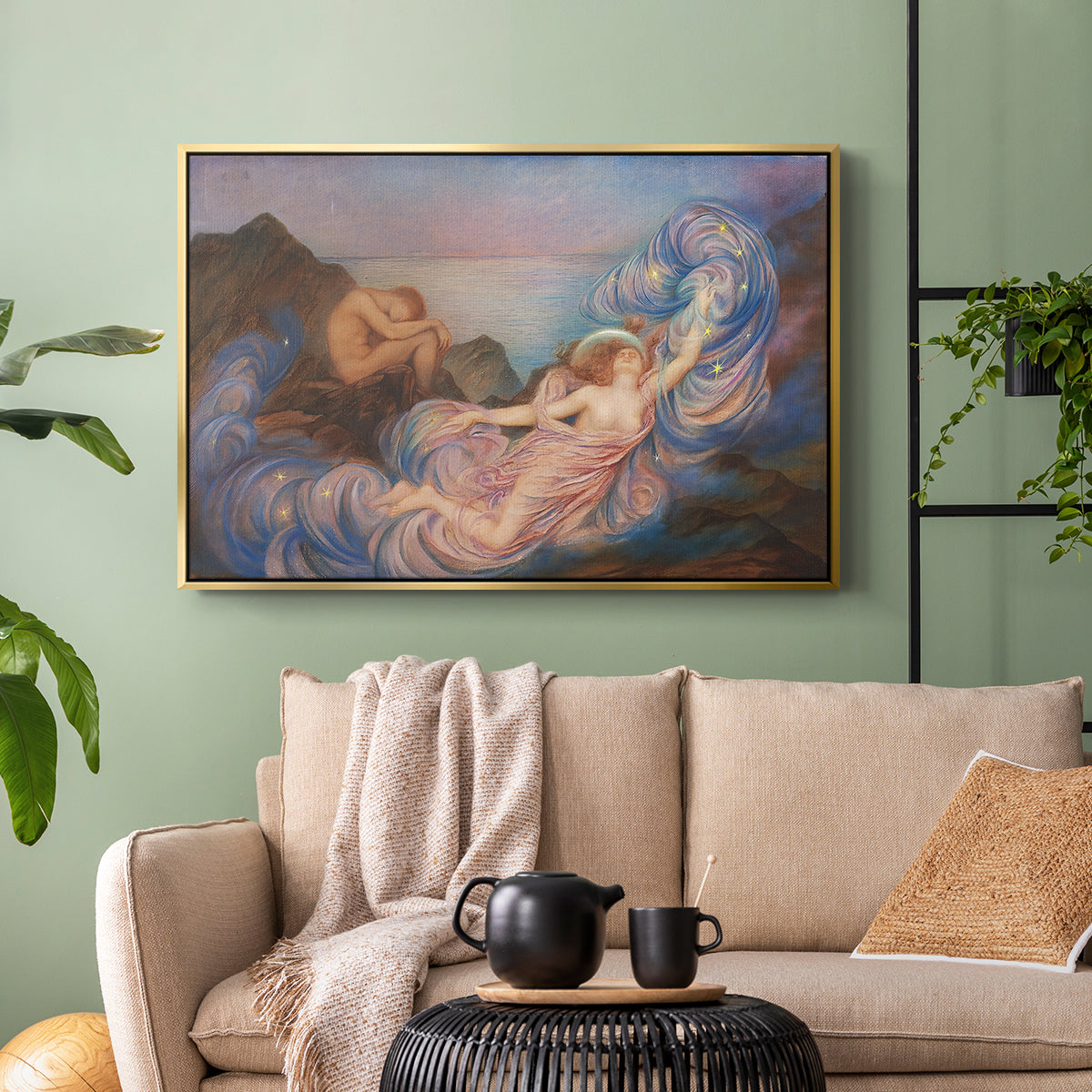 Gold floater framed canvas featuring a symbolic scene of figure surrounded by evening tones, displayed above a sofa in a modern living room.