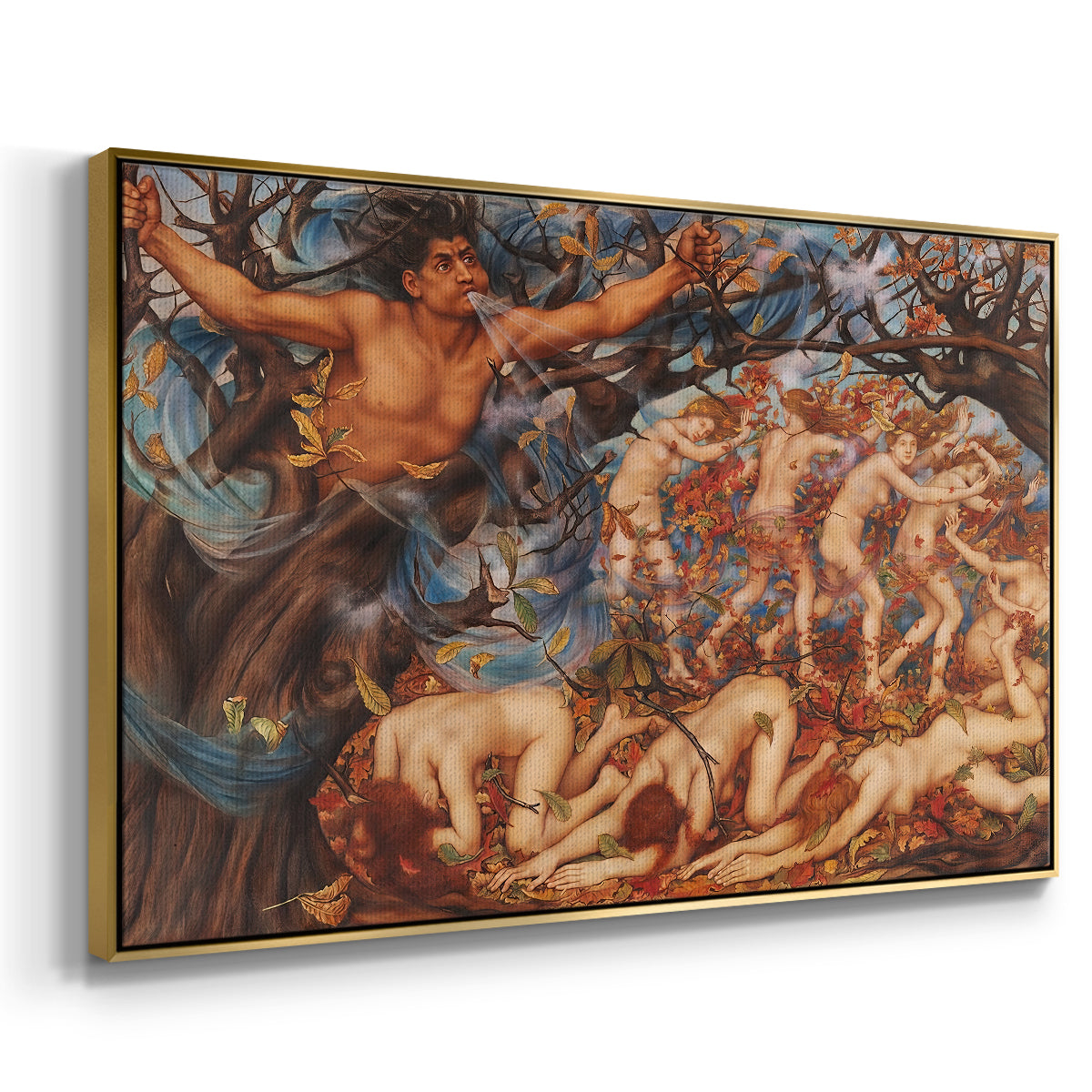 Angled view of Boreas and the Fallen Leaves, c. 1910-1914 by Evelyn De Morgan in a gold floater framed canvas.