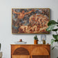 Boreas and the Fallen Leaves, c. 1910-1914 by Evelyn De Morgan in a gold floater framed canvas featuring swirling figures carried by wind among falling leaves in dynamic composition, displayed above a wood console cabinet.
