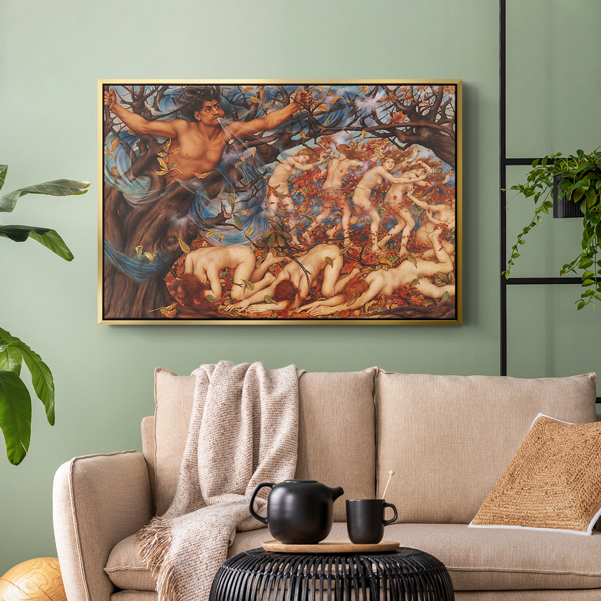 Gold floater framed canvas featuring a symbolic representation of motion and seasonal change, displayed above a sofa in a modern living room.