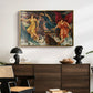 The Storm Spirits, 1900 by Evelyn De Morgan displayed in a gold floater framed canvas above a dark wood credenza in an entryway.