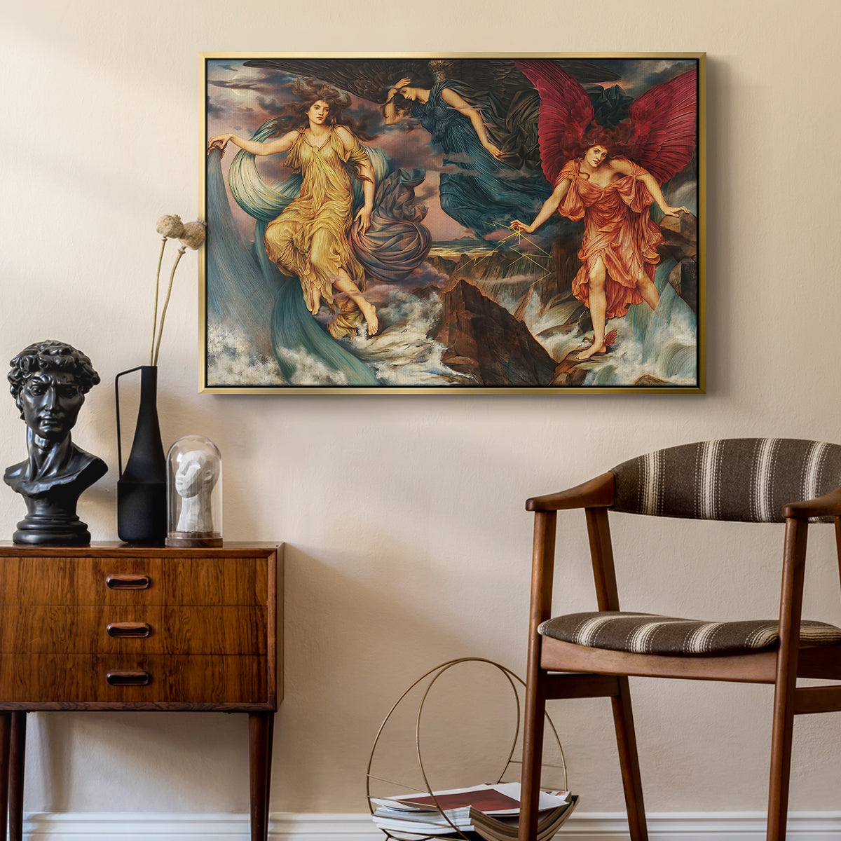The Storm Spirits, 1900 by Evelyn De Morgan as a gold floater framed canvas featuring a dynamic composition of figures embodying storm energy, styled above a mid-century console in a contemporary living area.