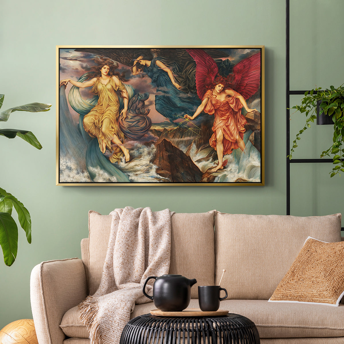 Gold floater framed canvas featuring a symbolic scene of airborne figures in chaotic movement, displayed above a sofa in a modern living room.