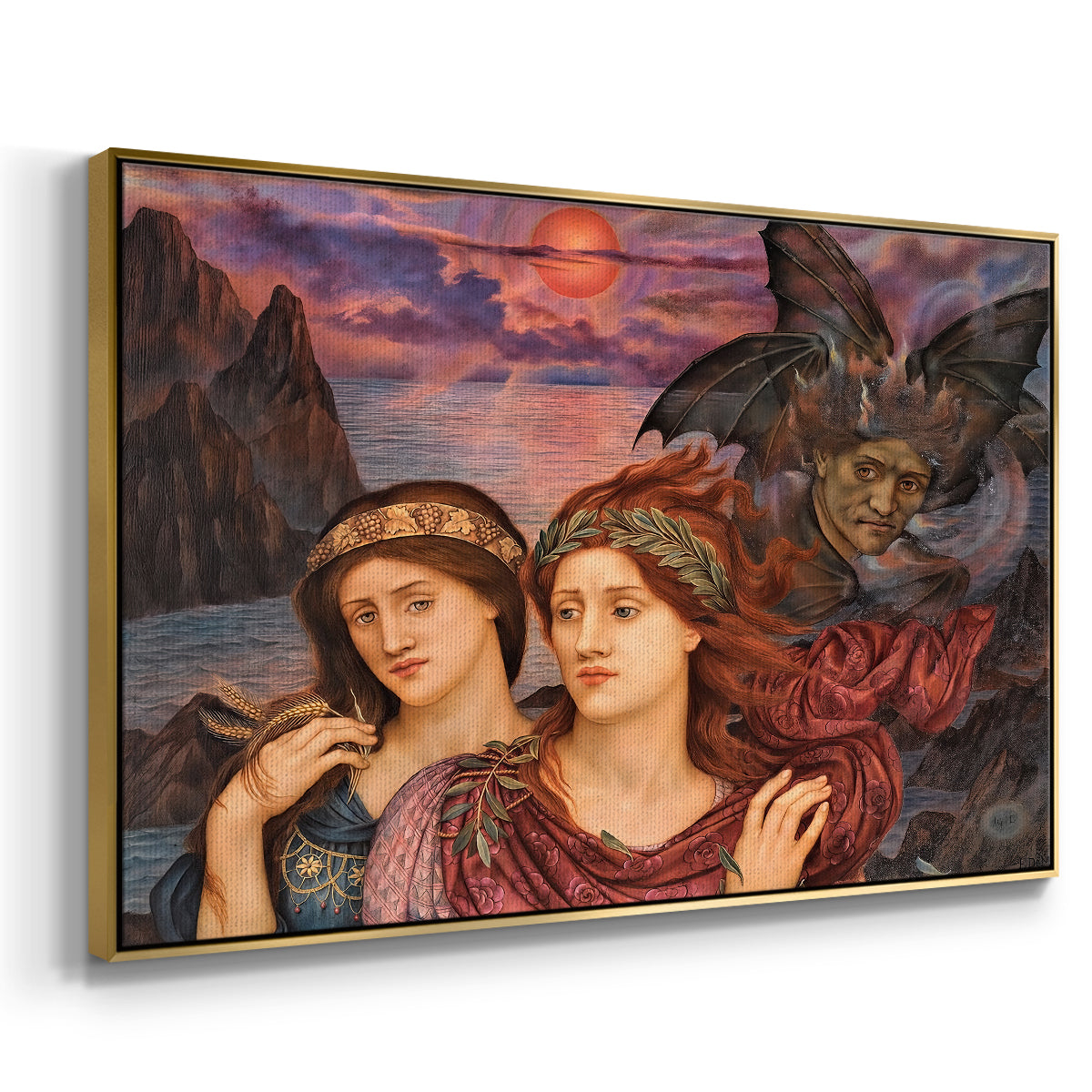 Angled view of The Vision, 1914 by Evelyn De Morgan in a gold floater framed canvas.