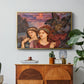 The Vision, 1914 by Evelyn De Morgan in a gold floater framed canvas featuring two female figures gazing outward with vivid sky behind them, displayed above a wood console cabinet.