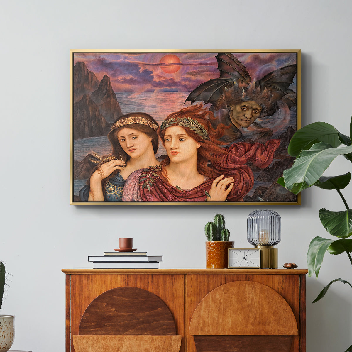 The Vision, 1914 by Evelyn De Morgan in a gold floater framed canvas featuring two female figures gazing outward with vivid sky behind them, displayed above a wood console cabinet.