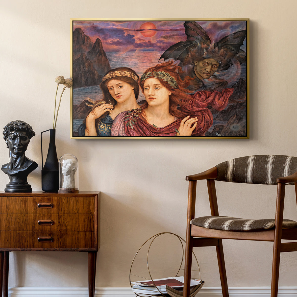 The Vision, 1914 by Evelyn De Morgan as a gold floater framed canvas featuring an expressive composition with figures and dramatic sky, styled above a mid-century console in a contemporary living area.