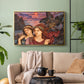 Gold floater framed canvas featuring an allegorical scene emphasizing emotion and color, displayed above a sofa in a modern living room.