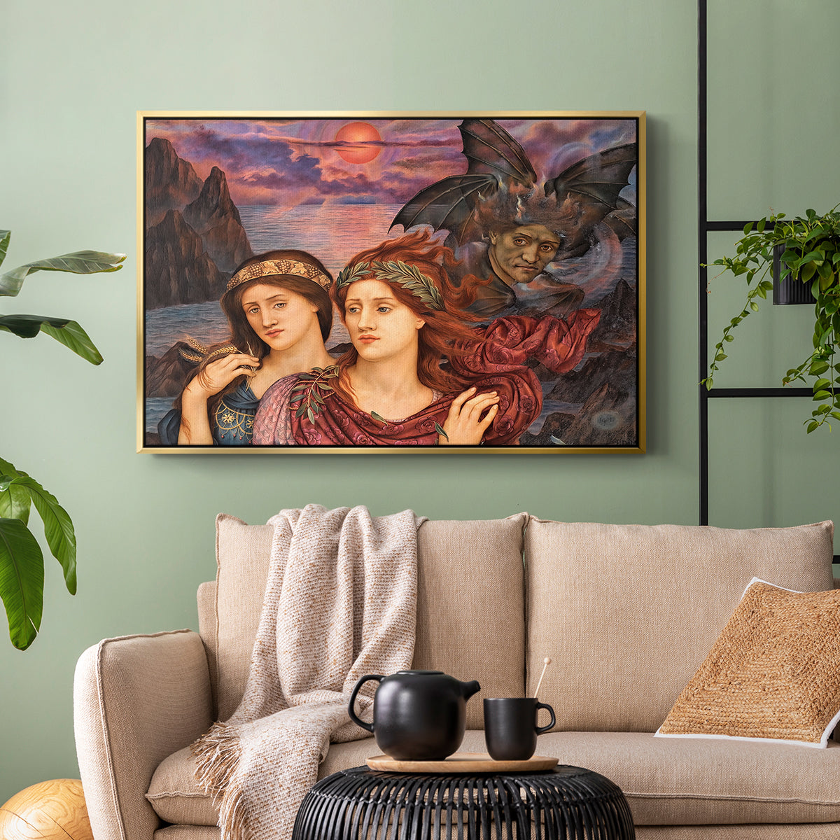 Gold floater framed canvas featuring an allegorical scene emphasizing emotion and color, displayed above a sofa in a modern living room.
