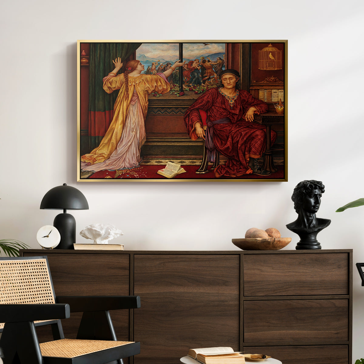 The Gilded Cage, c. 1901-1902 by Evelyn De Morgan displayed in a gold floater framed canvas above a dark wood credenza in an entryway.