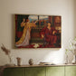 Gold floater framed canvas of The Gilded Cage, c. 1901-1902 by Evelyn De Morgan, featuring a symbolic scene of figure enclosed within decorative surroundings above a sideboard in a softly lit hallway.