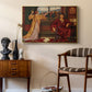 The Gilded Cage, c. 1901-1902 by Evelyn De Morgan as a gold floater framed canvas featuring an interior composition with woman and gilded elements suggesting restriction, styled above a mid-century console in a contemporary living area.
