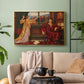 Gold floater framed canvas featuring an allegorical depiction of beauty and captivity, displayed above a sofa in a modern living room.