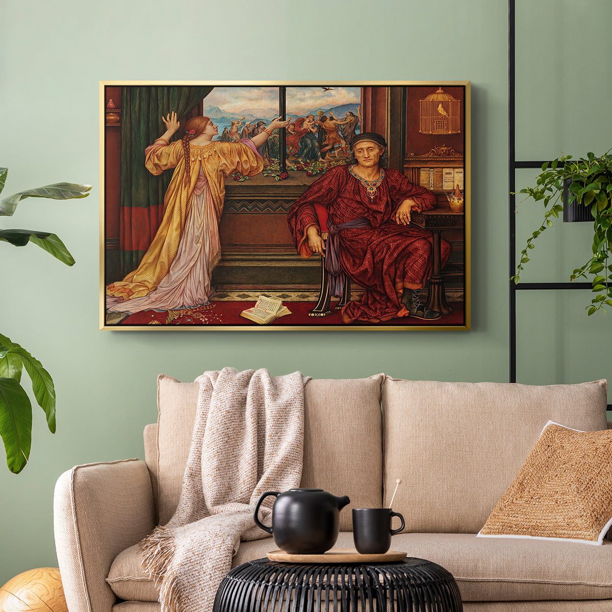 Gold floater framed canvas featuring an allegorical depiction of beauty and captivity, displayed above a sofa in a modern living room.