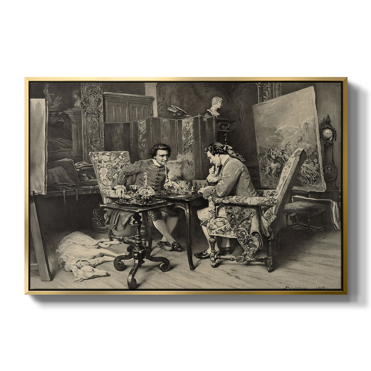 The Chess Players, 1858 by Ernest Meissonier in a gold floater framed canvas wall art display.