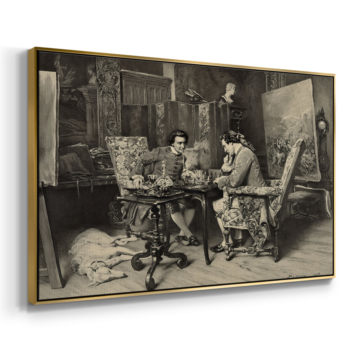 Angled view of The Chess Players, 1858 by Ernest Meissonier in a gold floater framed canvas.